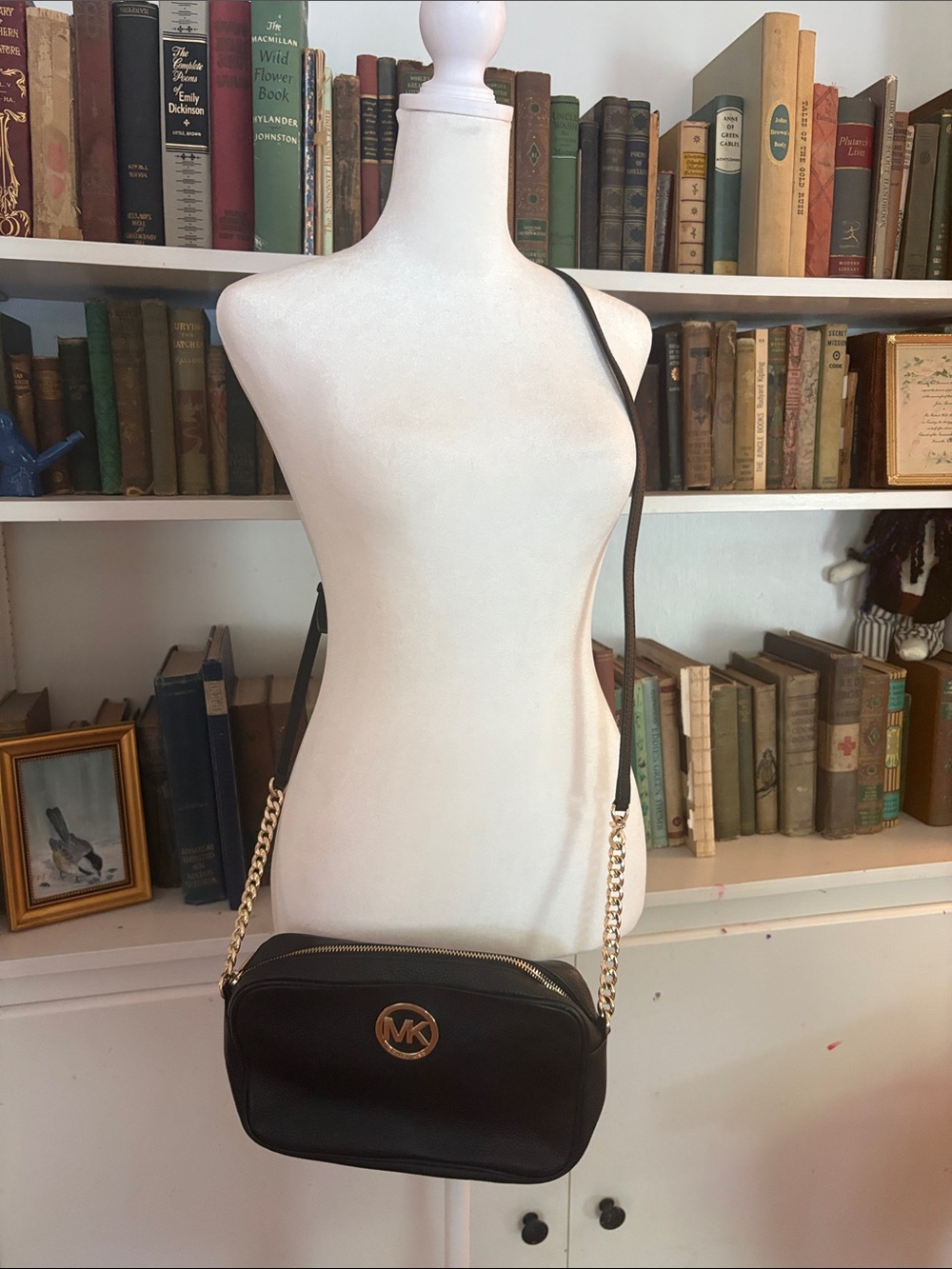 Michael Kors Black Leather Crossbody Camera Bag with Gold Chain